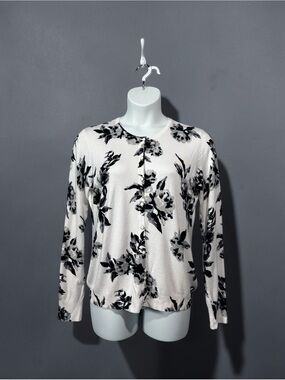 Melrose Chic, Floral Cardigan, White Black Lightweight Button Front, XL